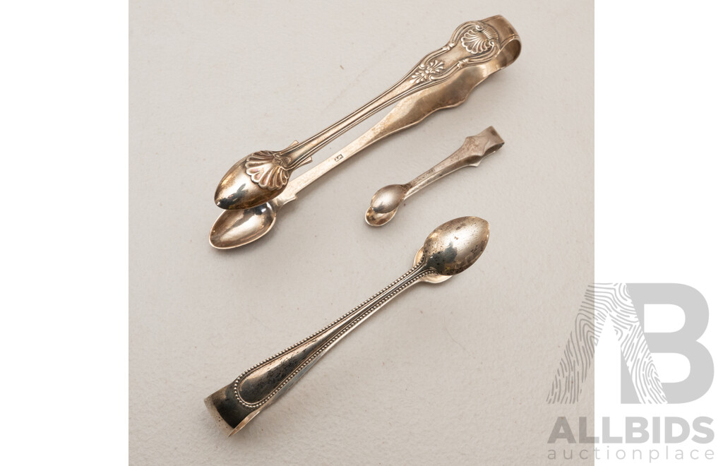 Collection of Three Sterling Silver Tongs, One Stamped London 1832, One Stamped London 1888 and One Stamped Birmingham 1910