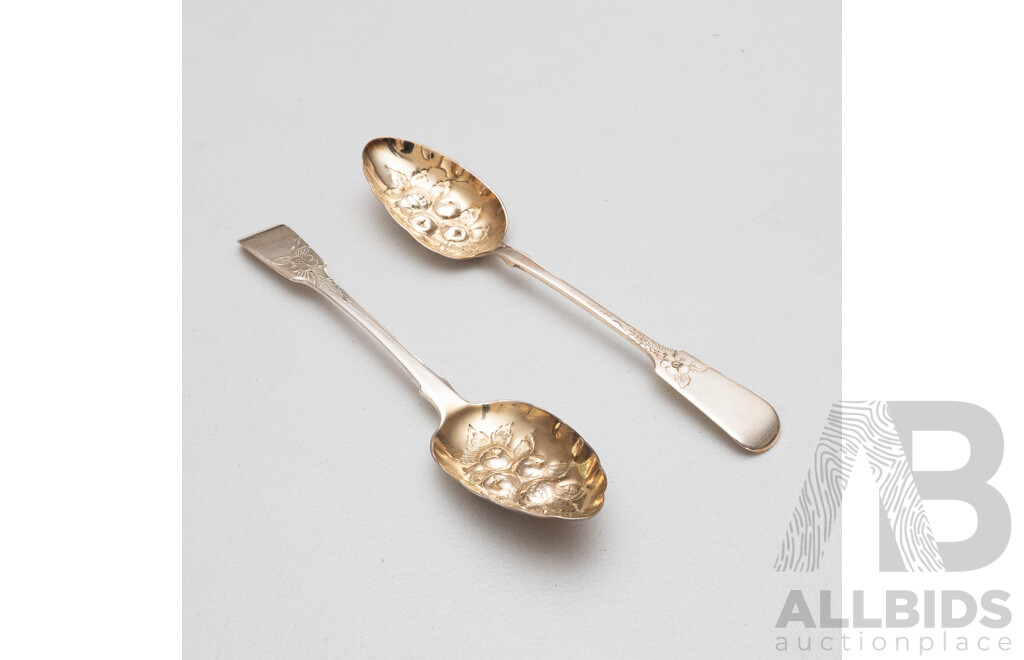 Pair of Antique Sterling Silver Berry Spoons, One Stamped Sheffield 1829, One London 1837, 147g