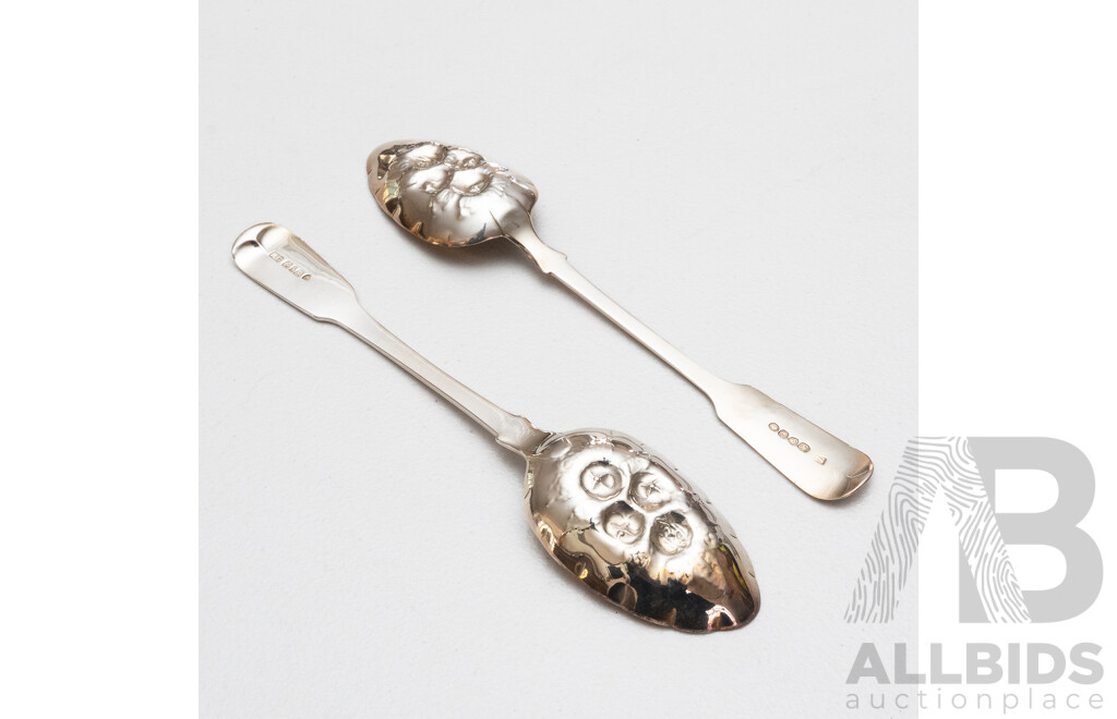 Pair of Antique Sterling Silver Berry Spoons, One Stamped Sheffield 1829, One London 1837, 147g