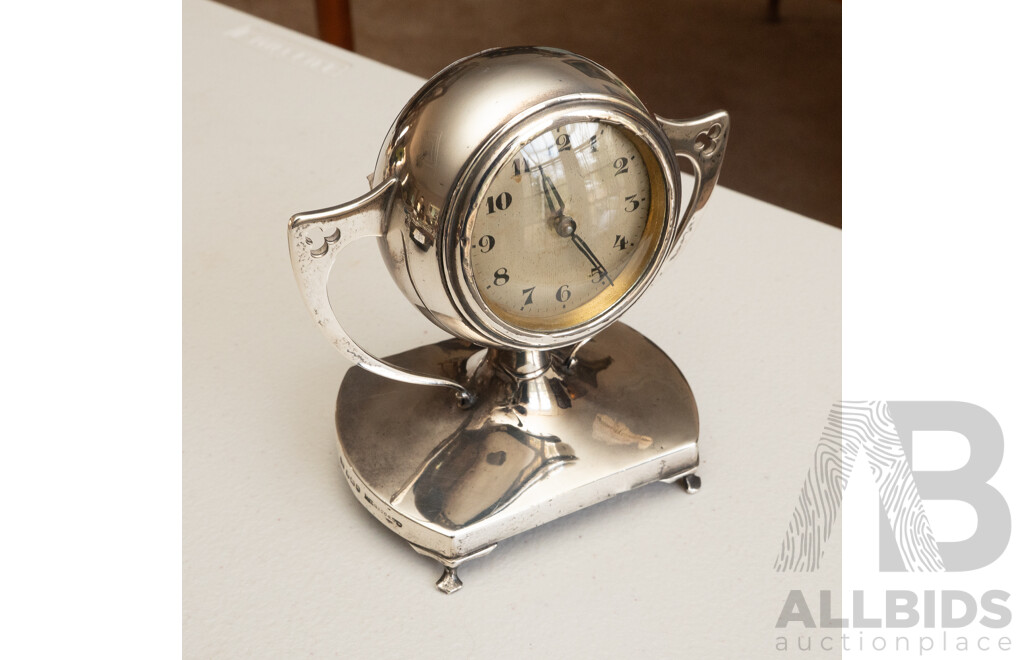 Antique Sterling Silver Art Nouveau Style Desk Clock, Birmingham 1926