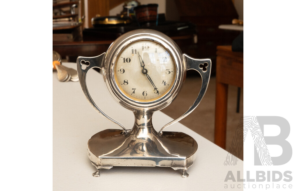 Antique Sterling Silver Art Nouveau Style Desk Clock, Birmingham 1926