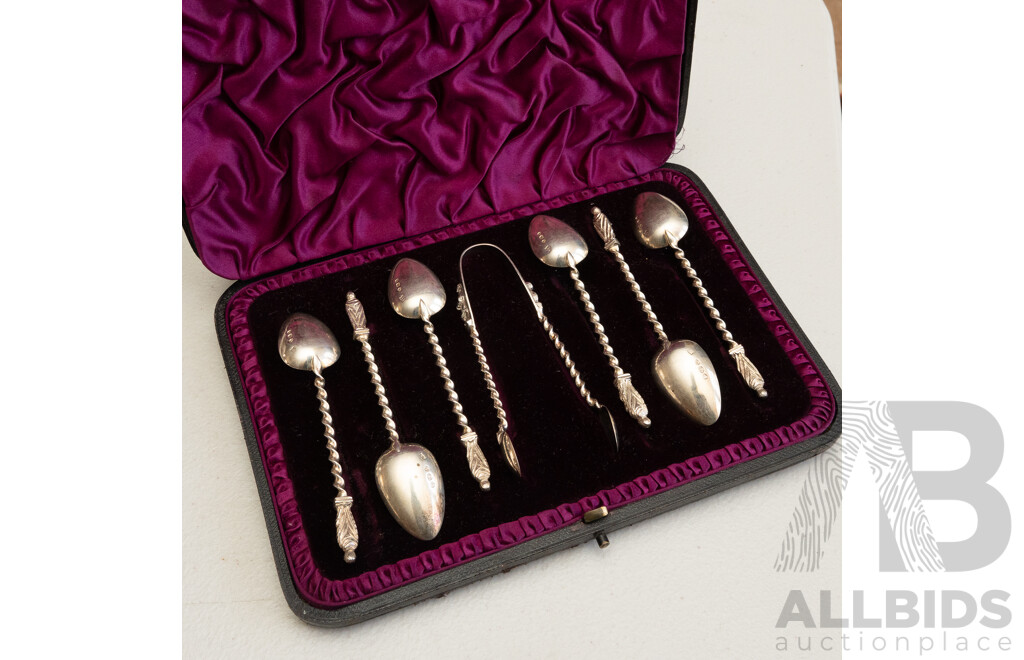 Matching Set of Six Teaspoons and Paid of Sugar Tongs, London, 1890