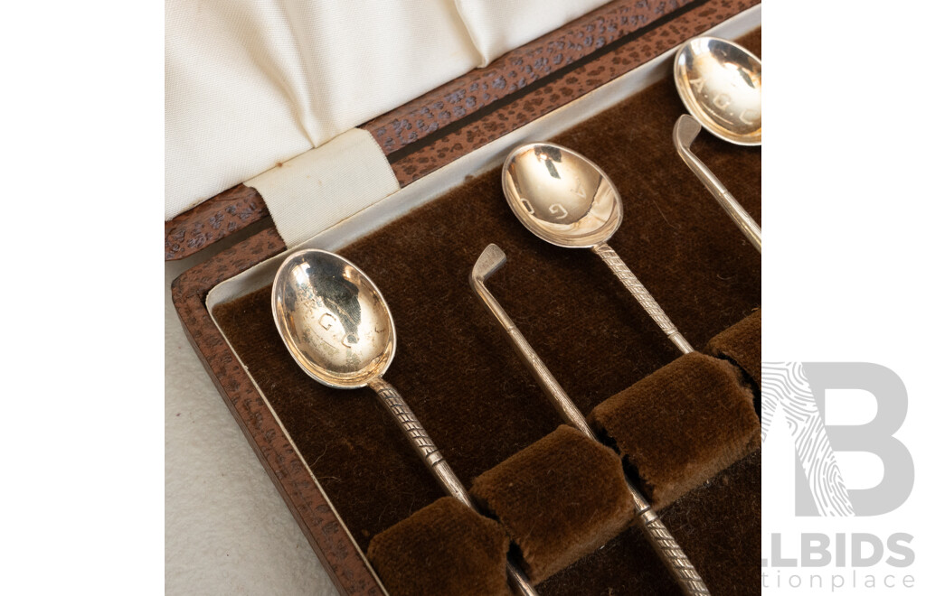 Box Set of Australian Sterling Silver Golfing Tea Spoons, Marked F&R, Fairfax & Roberts, STG, 43g