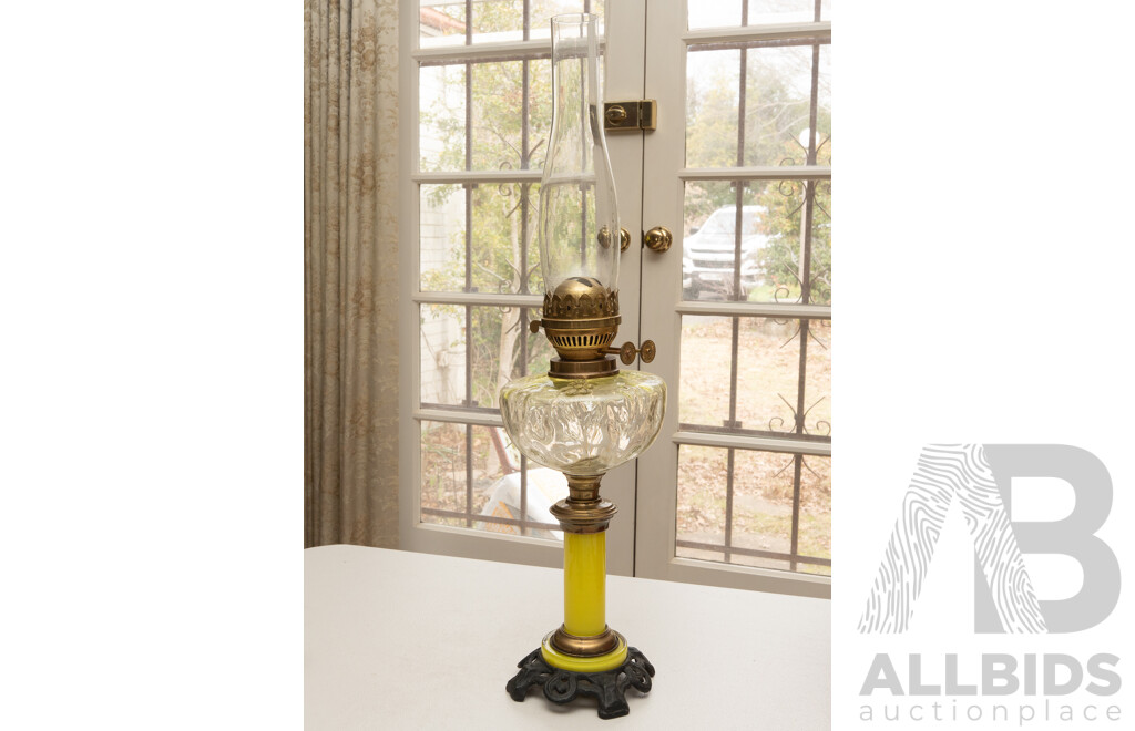 Antique English Dual Control Oil Lamp with Yellow Glass Base, Vaseline Glass Font and Glass Chimney