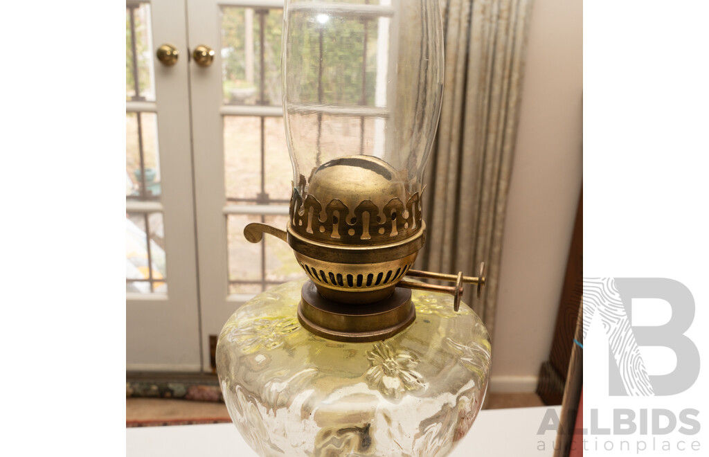 Antique English Dual Control Oil Lamp with Yellow Glass Base, Vaseline Glass Font and Glass Chimney