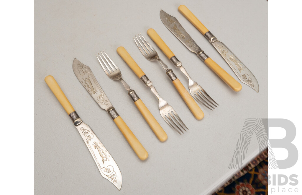 Antique English Eight Piece Fish Set with Sterling Silver Ferules, Faux Ivory Handles, Silver Plate Engraved Blades, Sheffield, 1904