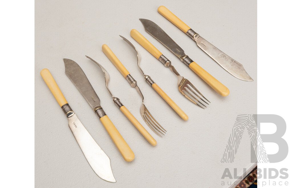 Antique English Eight Piece Fish Set with Sterling Silver Ferules, Faux Ivory Handles, Silver Plate Engraved Blades, Sheffield, 1904