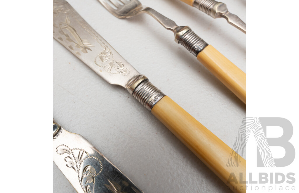 Antique English Eight Piece Fish Set with Sterling Silver Ferules, Faux Ivory Handles, Silver Plate Engraved Blades, Sheffield, 1904