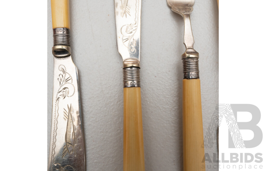 Antique English Eight Piece Fish Set with Sterling Silver Ferules, Faux Ivory Handles, Silver Plate Engraved Blades, Sheffield, 1904
