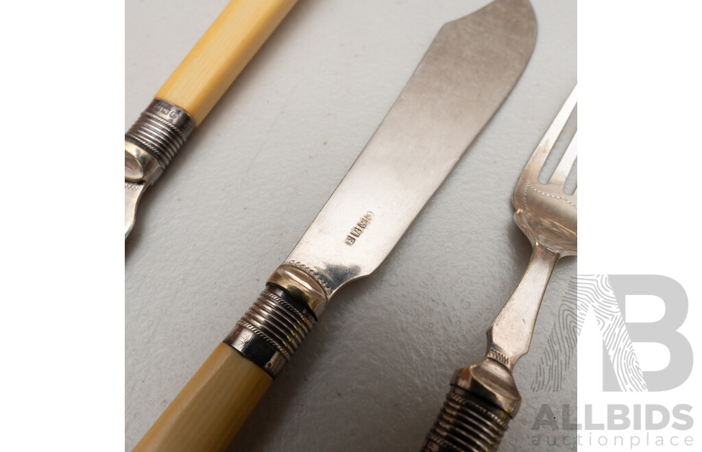 Antique English Eight Piece Fish Set with Sterling Silver Ferules, Faux Ivory Handles, Silver Plate Engraved Blades, Sheffield, 1904