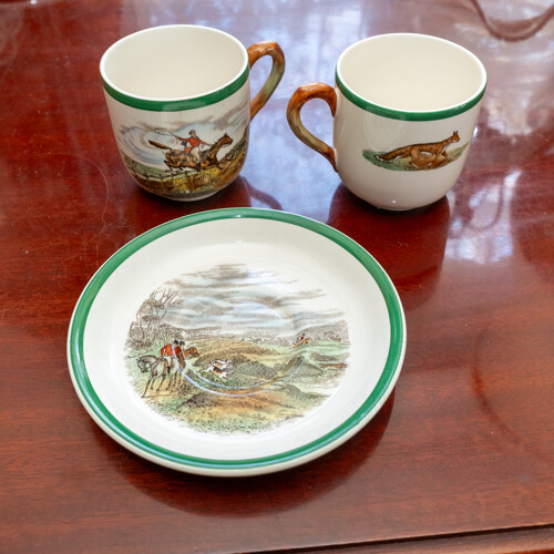 Antique Copeland Spode Leaping the Brook 13 Piece Porcelain Coffee Service Along with Royal Worcester Reproduction Early Hand Painted Worcester Six Duos in Delectable Pattern