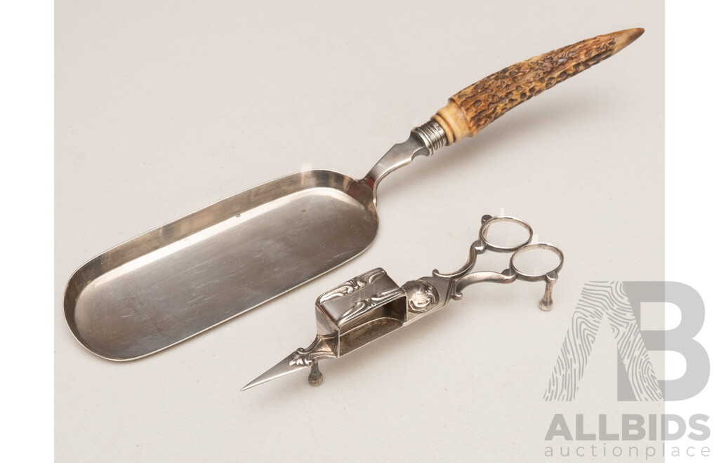 Antique English Silver Plate Crumb Tray with Horn Handle, Sheffield, 1893 Along with Silver Plate Candle Trimmer,