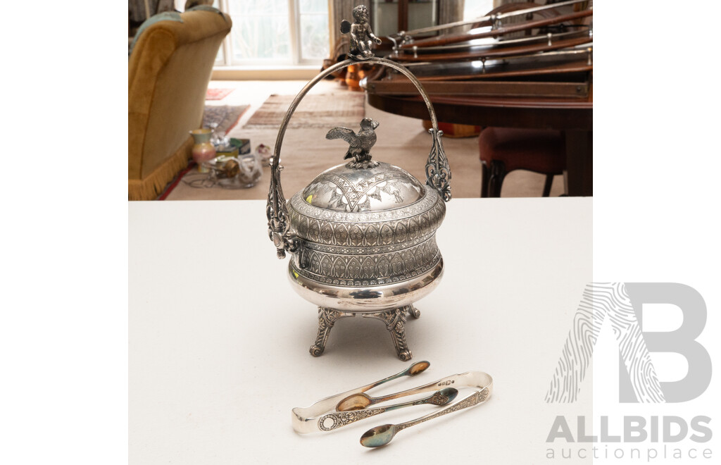 Antique Simpson Miller & Co Silver Plate Lidded Sugar Bowl with Engraved Detail, Eagle Finial, Two Sets Tongs