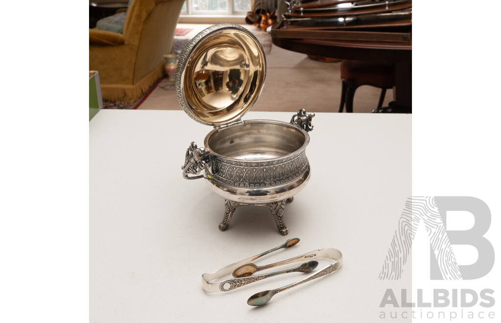 Antique Simpson Miller & Co Silver Plate Lidded Sugar Bowl with Engraved Detail, Eagle Finial, Two Sets Tongs