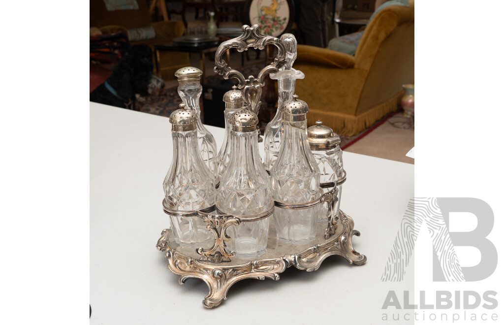 Antique Cruet Set with Crystal Vessels, Sterling Silver Tops, Sheffield 1880, Silver Plate Base