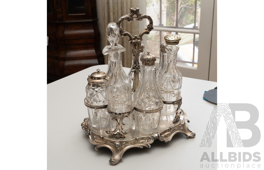 Antique Cruet Set with Crystal Vessels, Sterling Silver Tops, Sheffield 1880, Silver Plate Base