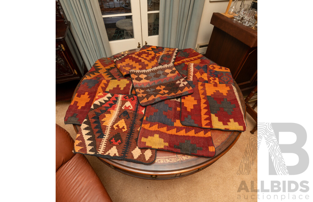 Set Vintage Cushion Covers Made From Persian Maimana Wool Kilims Along with Three Cushions with Similar Covers
