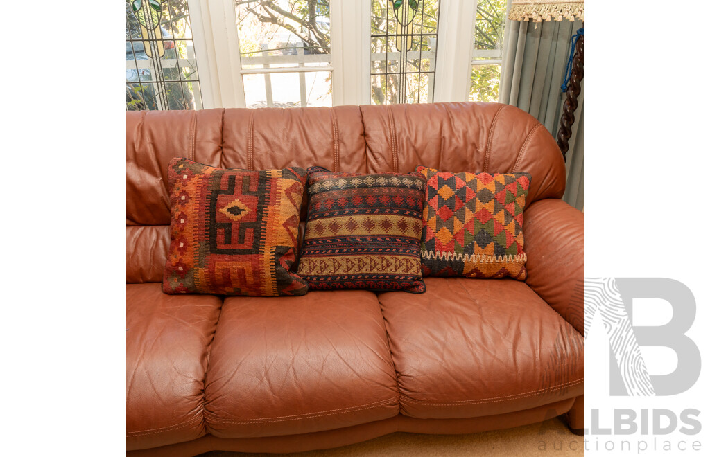 Set Vintage Cushion Covers Made From Persian Maimana Wool Kilims Along with Three Cushions with Similar Covers