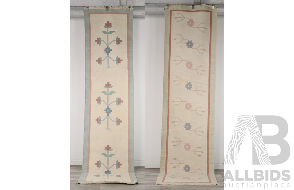 Pair Hand Woven Wool Kilim Hallway Runners with Geometric Foliate Design