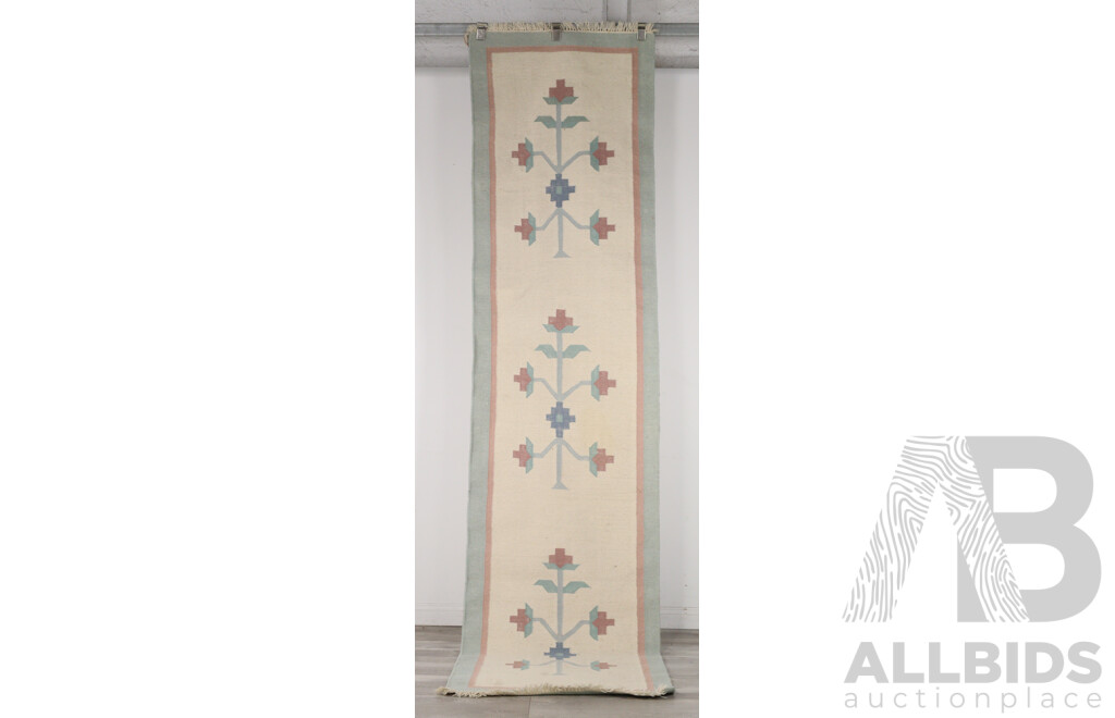 Pair Hand Woven Wool Kilim Hallway Runners with Geometric Foliate Design