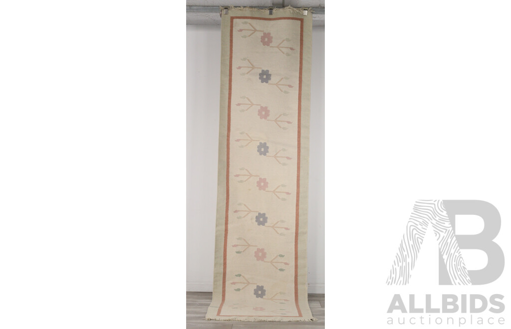 Pair Hand Woven Wool Kilim Hallway Runners with Geometric Foliate Design