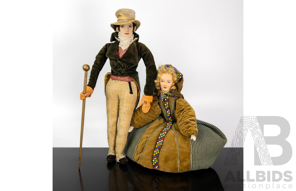 Pair Antique 19th Century Dolls Consisting Man with Hat, Baton & Velvet Clothes, Woman with Velvet Beaded Padded Dress