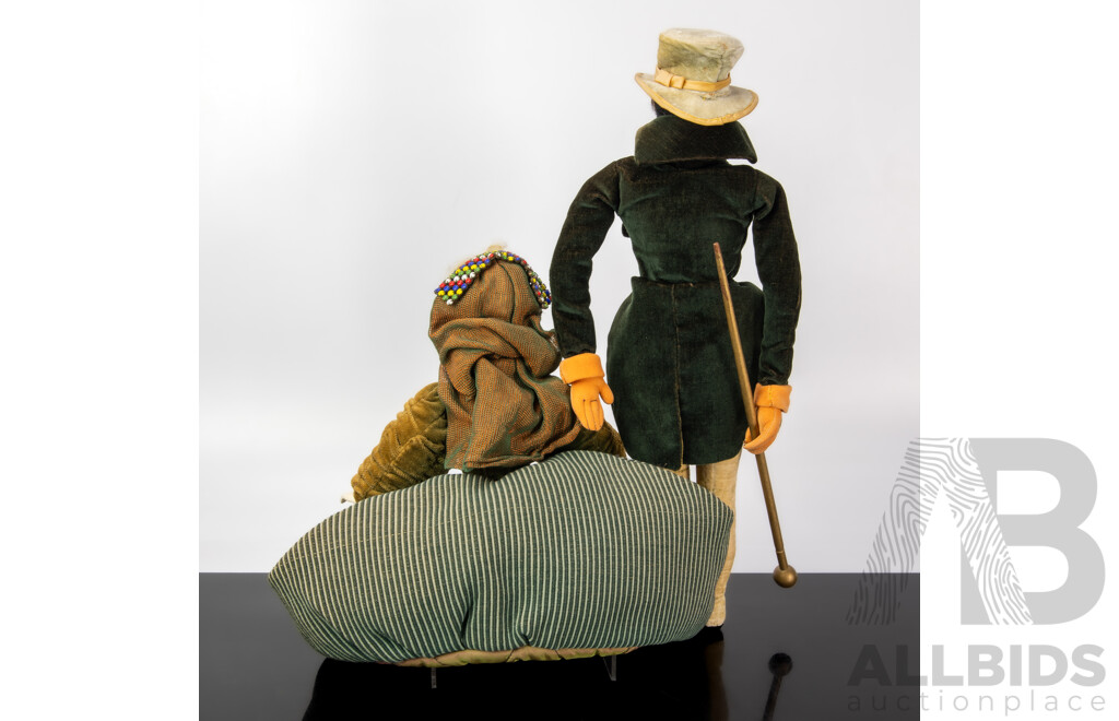 Pair Antique 19th Century Dolls Consisting Man with Hat, Baton & Velvet Clothes, Woman with Velvet Beaded Padded Dress