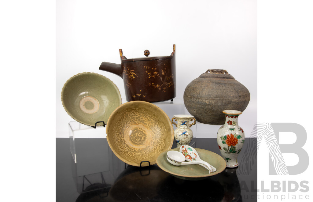 Collection Antique Asian Pieces Comprising Three Khymer Celadon Bowls, Khymer Water Flagon, Two Chinese Porcelain Vases with Two Chinese Porcelain Soup Spoons, Vintage Japanese Lacquer Teapot