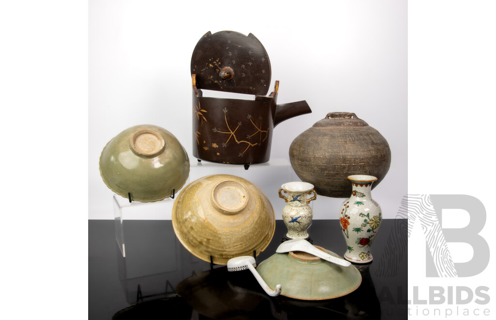 Collection Antique Asian Pieces Comprising Three Khymer Celadon Bowls, Khymer Water Flagon, Two Chinese Porcelain Vases with Two Chinese Porcelain Soup Spoons, Vintage Japanese Lacquer Teapot