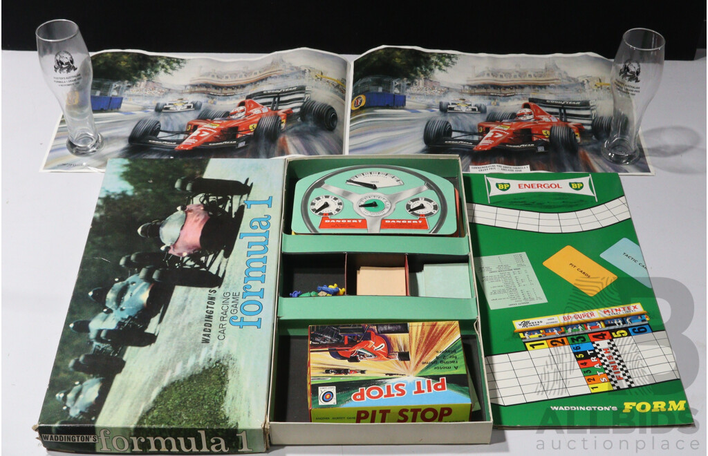 Fosters F1 Nov 1990 - 500th Grand Prix Commemorative Midi Glasse  Together with Vintage Waddington’s Formula 1 Car Racing Game