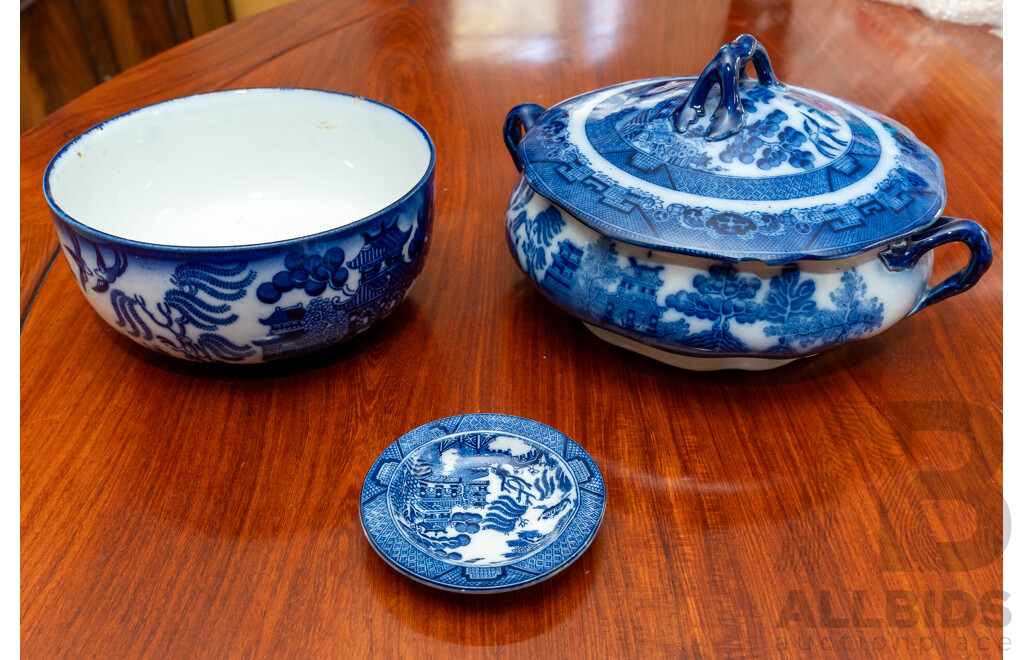 Collection Three Antique Royal Doulton Willow Blue & White Porcelain
