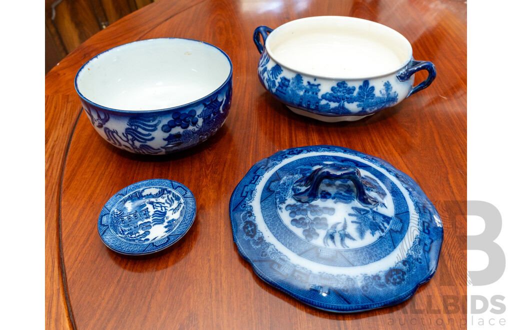 Collection Three Antique Royal Doulton Willow Blue & White Porcelain