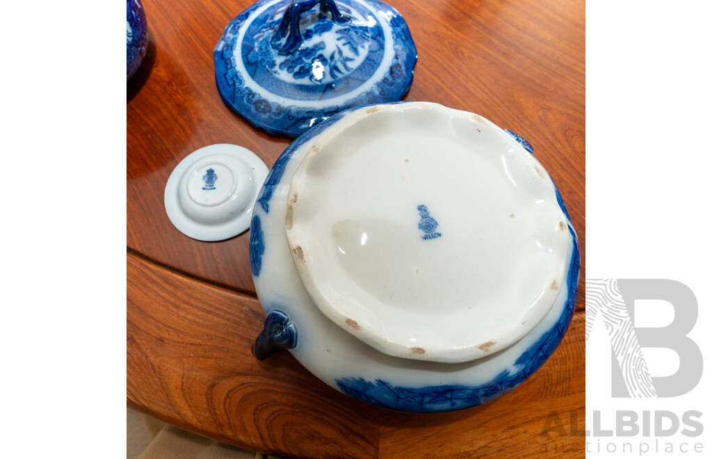 Collection Three Antique Royal Doulton Willow Blue & White Porcelain
