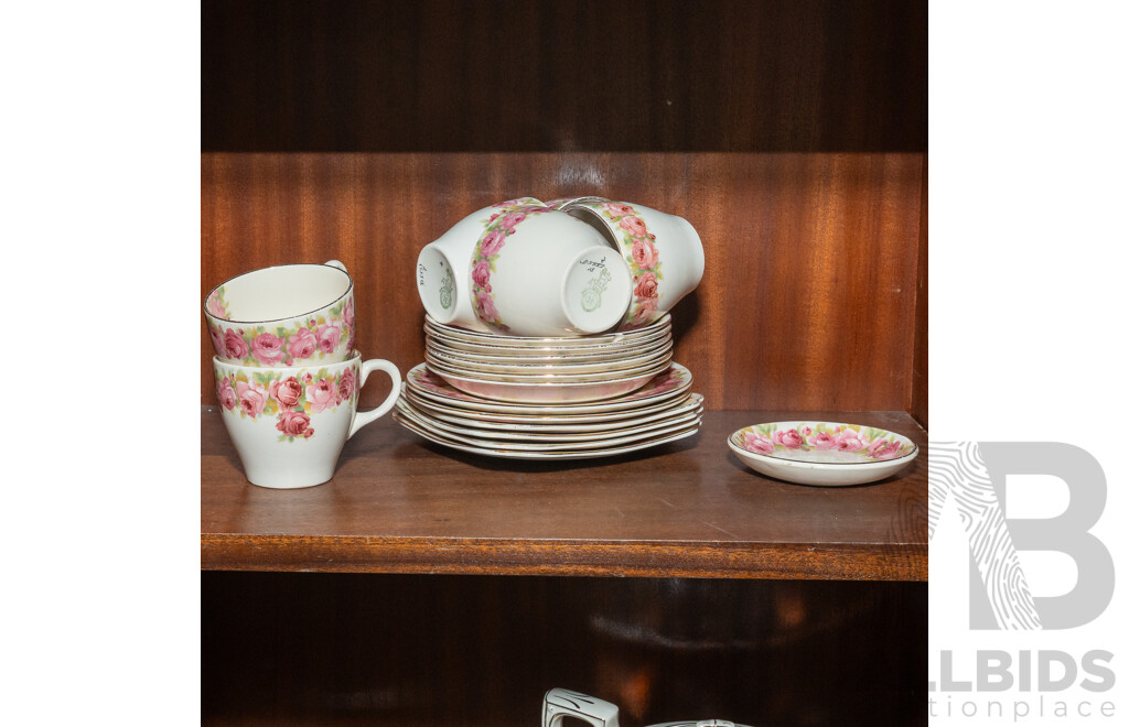 Antique Royal Doulton 19 Piece Porcelain Partial Tea Service with Pink Rose Decoration