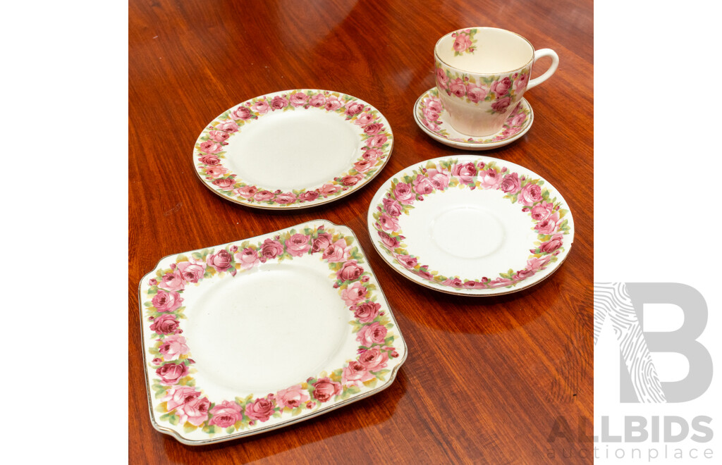 Antique Royal Doulton 19 Piece Porcelain Partial Tea Service with Pink Rose Decoration