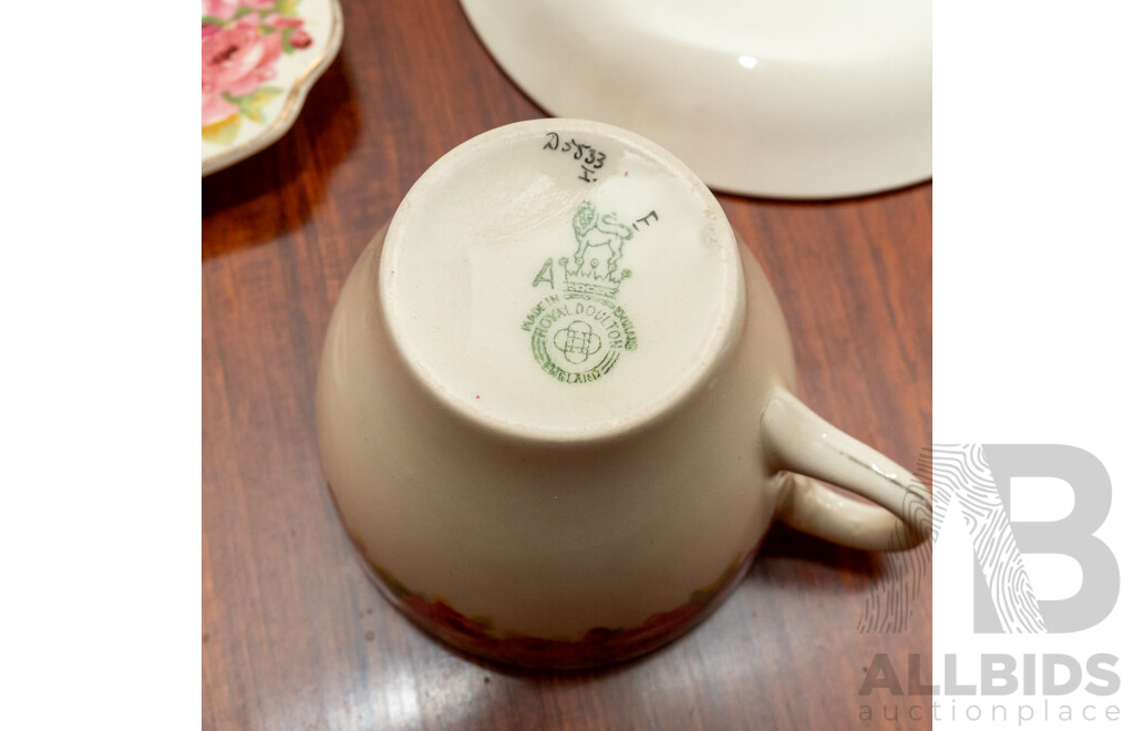 Antique Royal Doulton 19 Piece Porcelain Partial Tea Service with Pink Rose Decoration