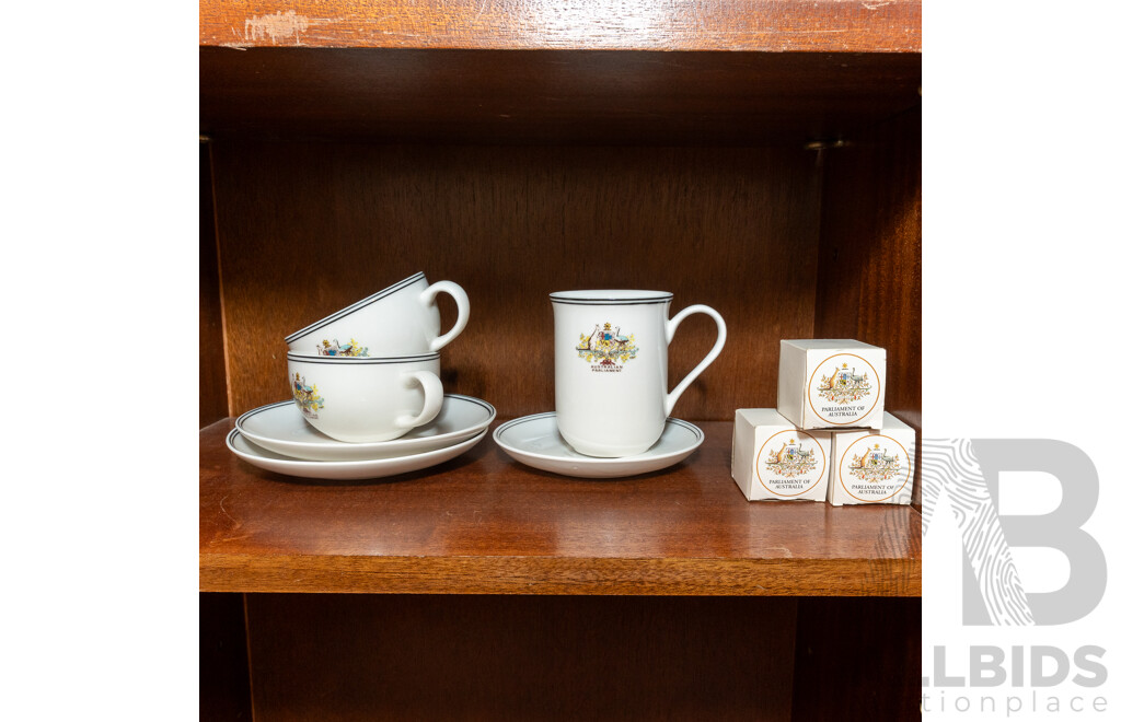 Collection Six Pieces Australian Parliament House Canberra Porcelain by Aria Along with Three Australian Parliament House Golf Balls in Original Boxes