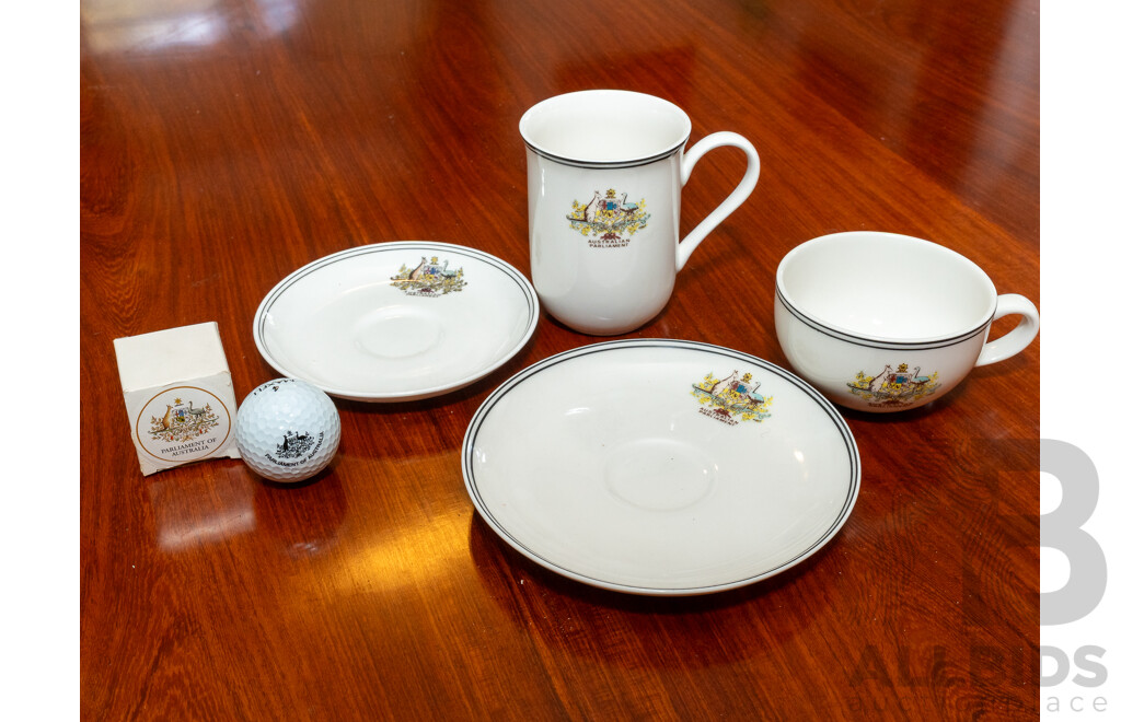 Collection Six Pieces Australian Parliament House Canberra Porcelain by Aria Along with Three Australian Parliament House Golf Balls in Original Boxes