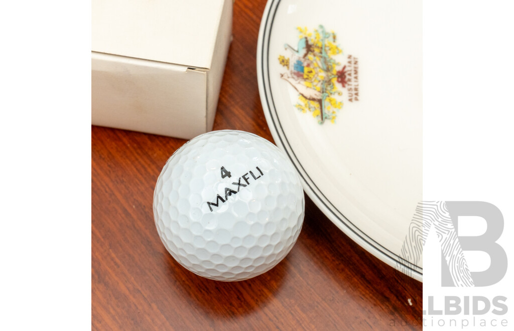 Collection Six Pieces Australian Parliament House Canberra Porcelain by Aria Along with Three Australian Parliament House Golf Balls in Original Boxes