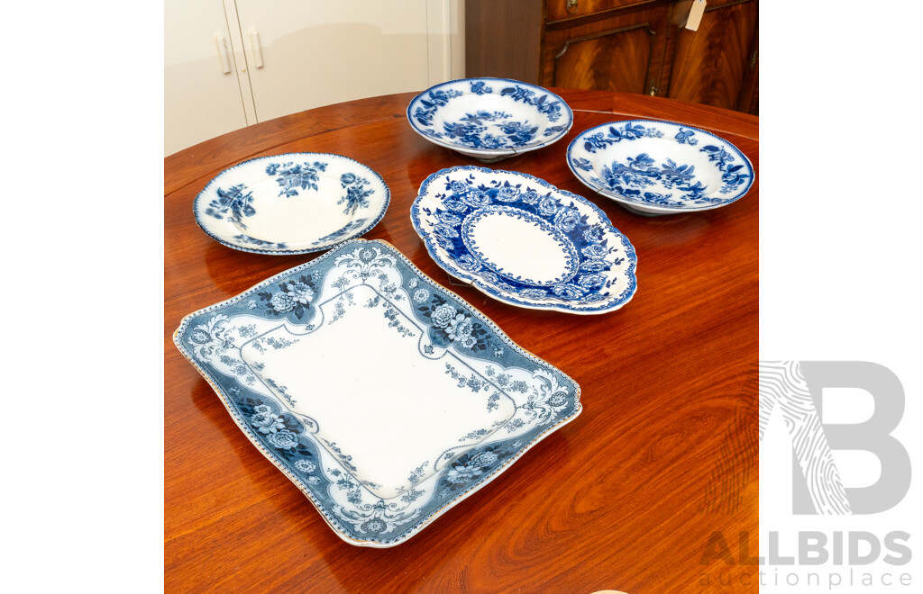 Collection Five Pieces Antique English Blue & White Porcelain Including Pair Early Hand Painted Bowls, Pembroke Bowl and Two Platters
