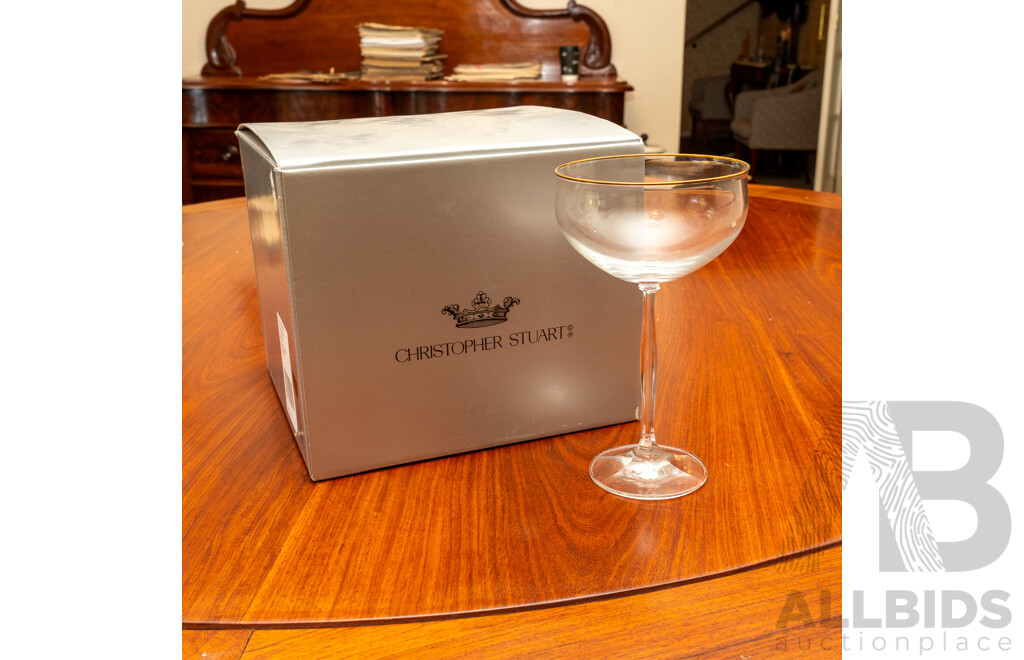 Three Sets of Four Christopher Stuart Champagne Saucer Glasses in Talia Gold, in Original Boxes
