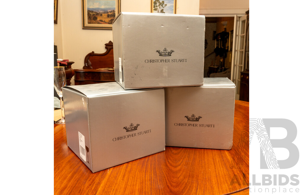 Three Sets of Four Christopher Stuart Champagne Saucer Glasses in Talia Gold, in Original Boxes