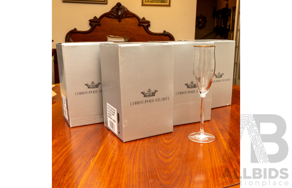Four Sets of Four Christopher Stuart Champagne Flutes in Talia Gold, in Original Boxes