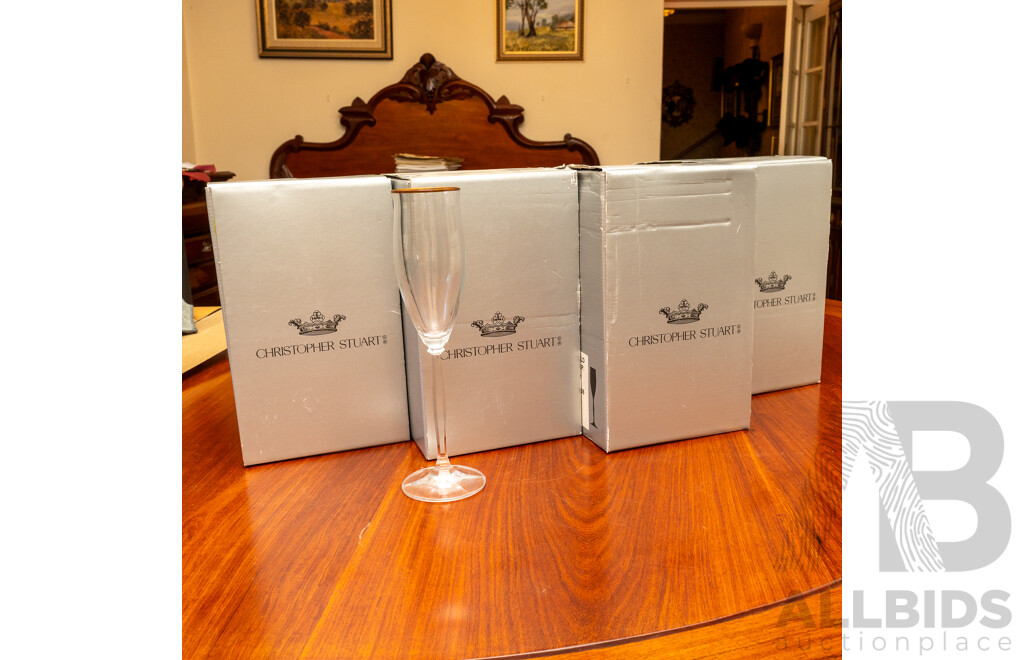 Four Sets of Four Christopher Stuart Champagne Flutes in Talia Gold, in Original Boxes