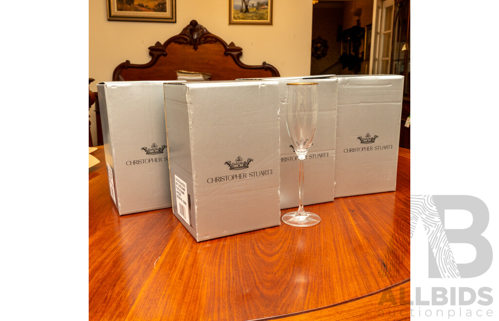 Four Sets of Four Christopher Stuart Champagne Flutes in Talia Gold, in Original Boxes