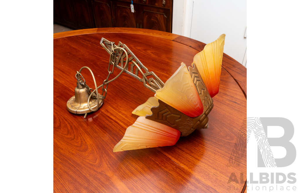 Wonderful Antique Art Deco Brass Hanging Ceiling Light with Five Glass Covers with Graduating Colour Detail