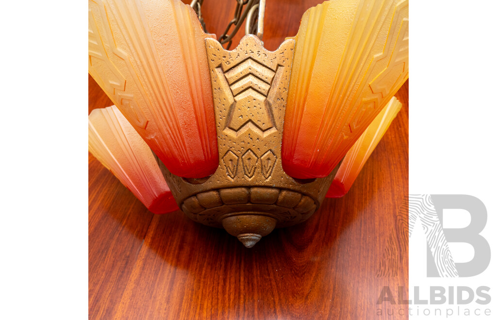 Wonderful Antique Art Deco Brass Hanging Ceiling Light with Five Glass Covers with Graduating Colour Detail