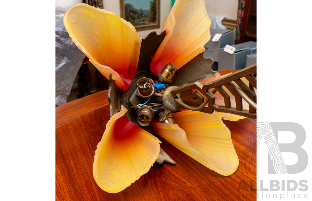 Wonderful Antique Art Deco Brass Hanging Ceiling Light with Five Glass Covers with Graduating Colour Detail