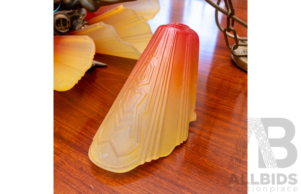 Wonderful Antique Art Deco Brass Hanging Ceiling Light with Five Glass Covers with Graduating Colour Detail
