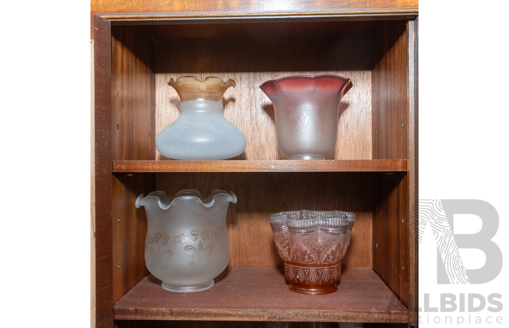Collection Four Antique Glass Light Covers Including Two Different Graduating Cranberry Glass Art Nouveau Examples with Etched Decoration
